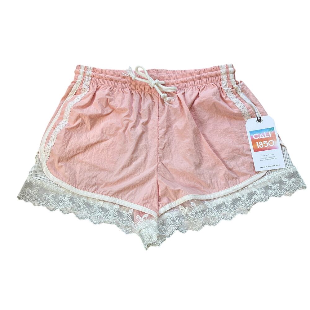 Baby Pink Lace Trim Side Stripe Nylon Quick Dry Track Shorts Size M